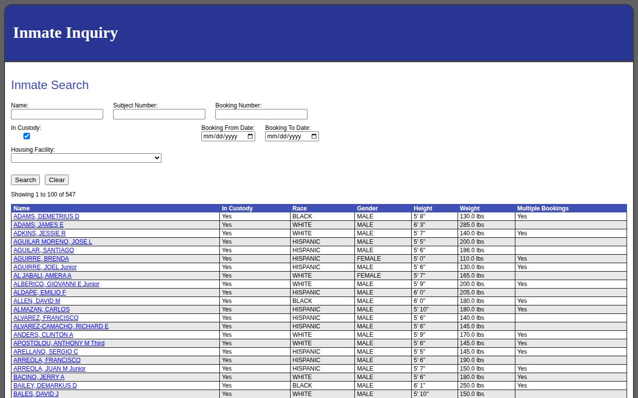 Will County Adult Detention Facility current custody release search fields