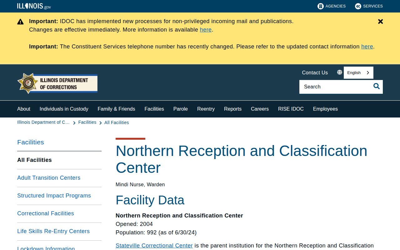 Northern Reception and Classification Center IDOC release and transfer profile