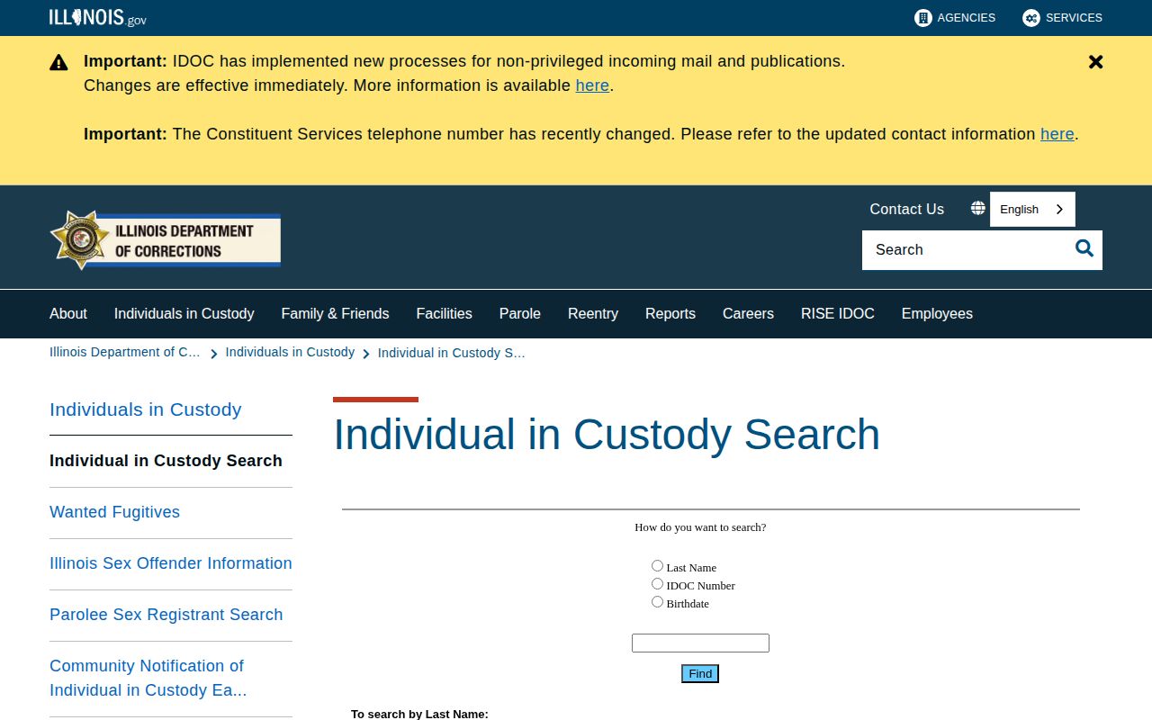 IDOC search landing page for a Will County projected release date