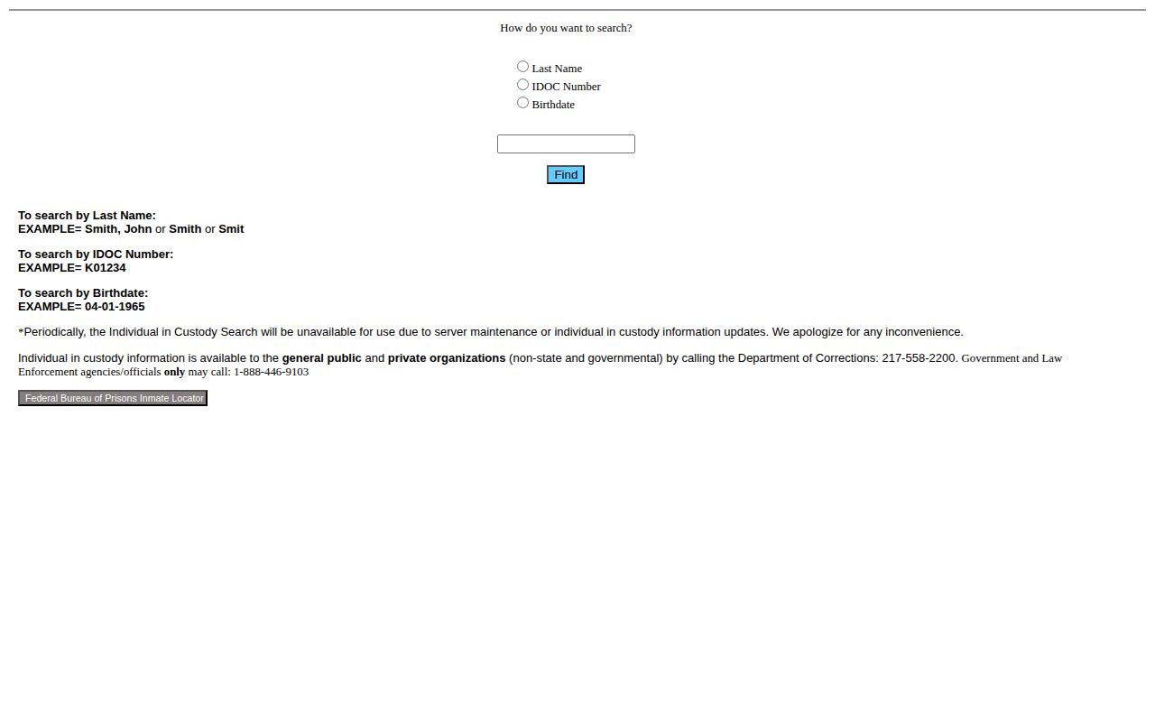 Illinois IDOC search fields and released-inmate record screen