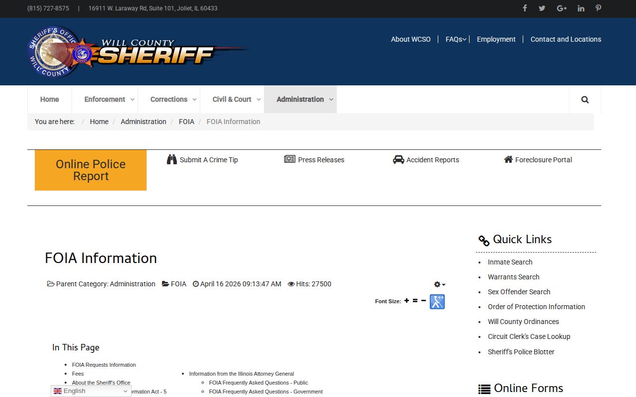 Will County Sheriff FOIA release-record request channels and fees