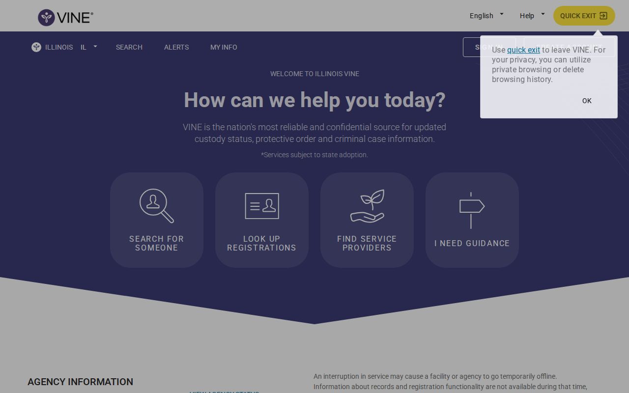 Illinois VINELink search screen for a Will County inmate check